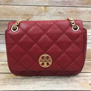 Tory Burch Red Willa Quilted Shoulder Bag Crossbody Purse  with Gold Chain Strap